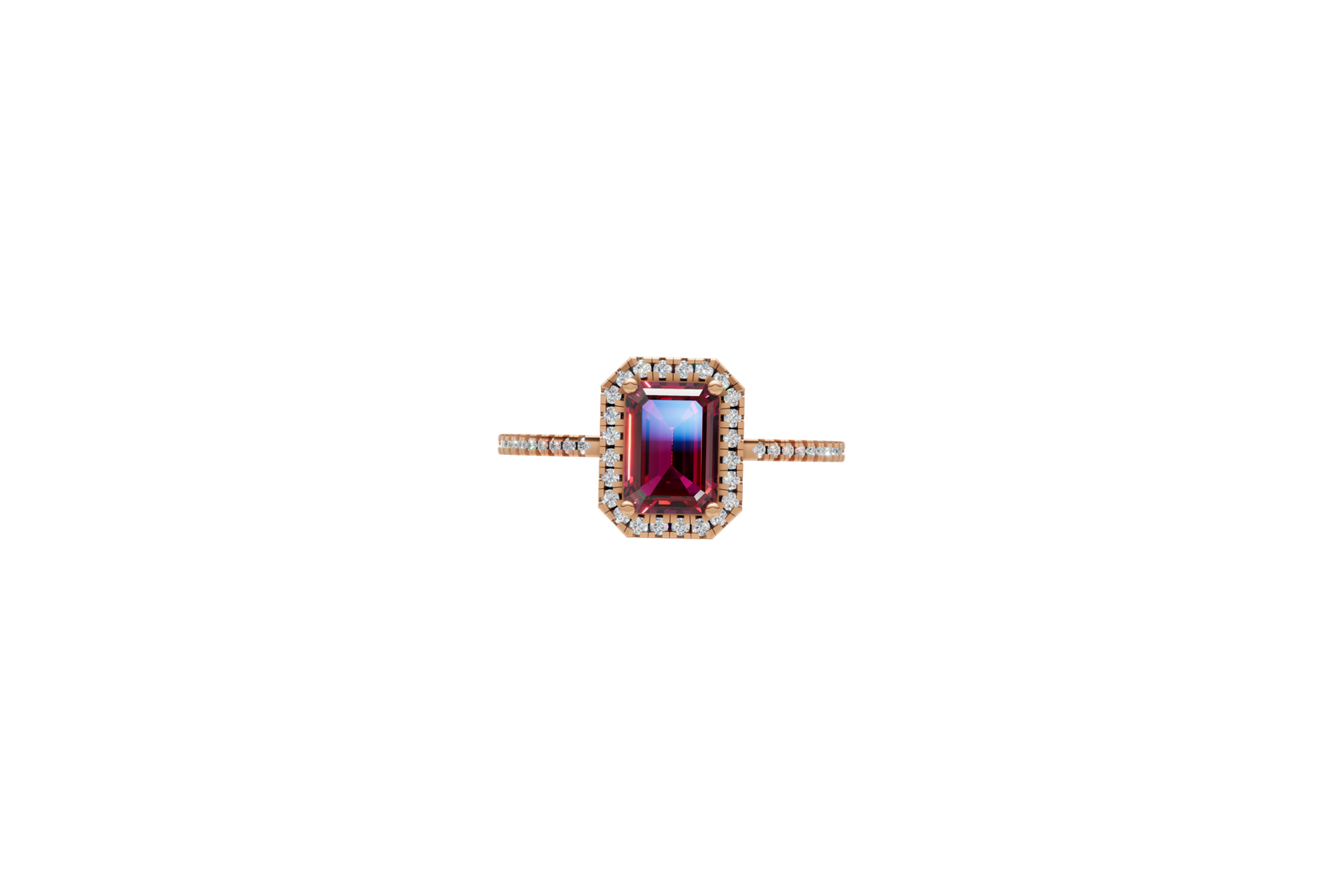 Red Emerald Cut Halo Set Ring
