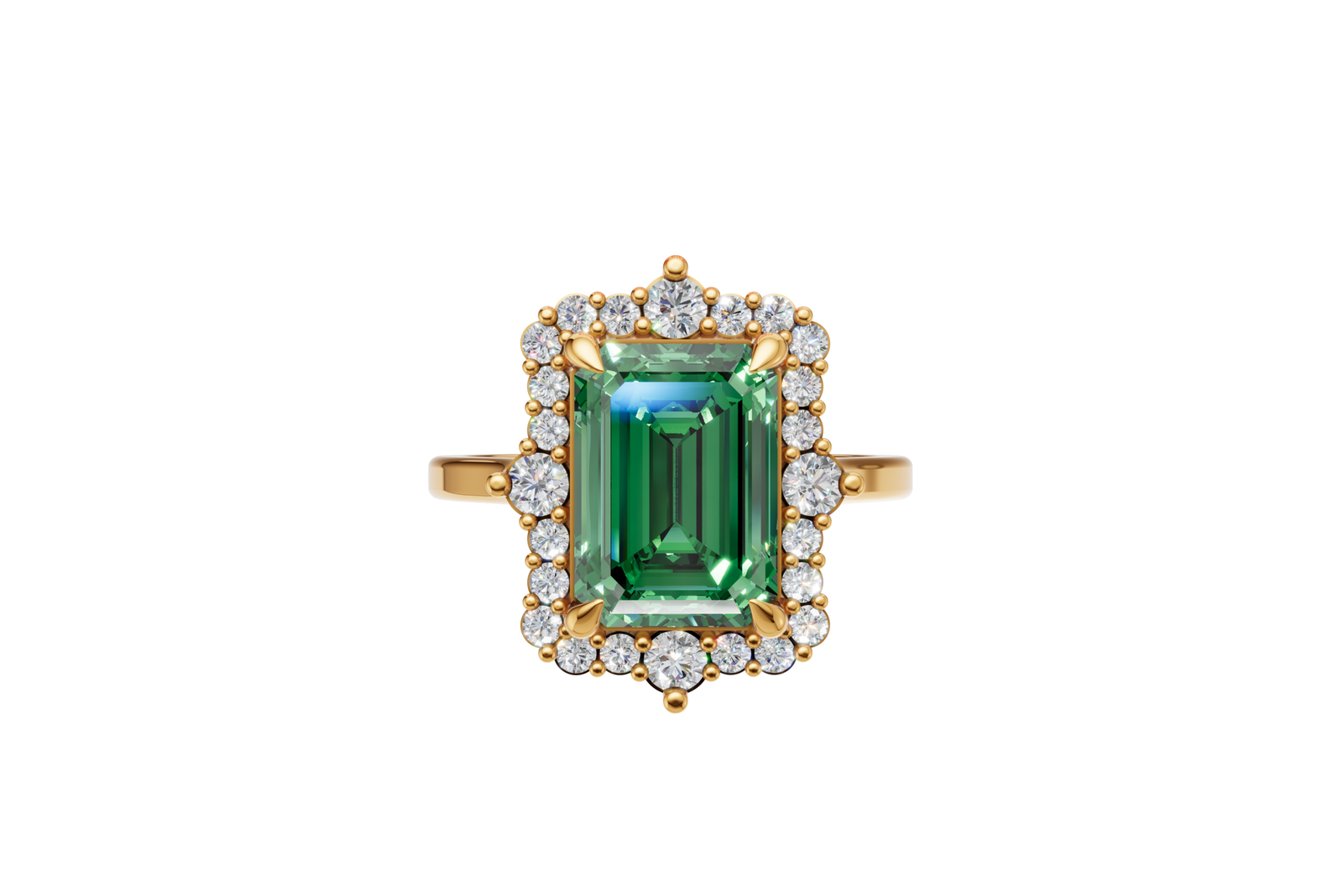 Emerald Cut Green stone Halo Ring
